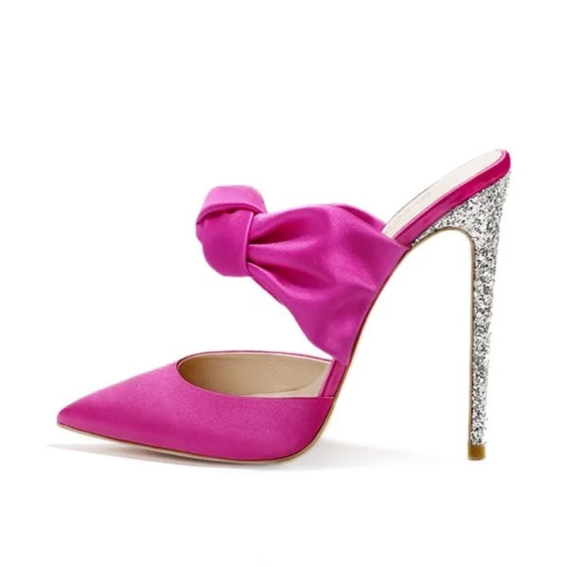 

Fuchsia Satin Bowtie Knot Pointed Toe High Heel Mules Shoes Glitter Sequin Thin Heels Slip On Summer Slippers Shoes Size 42
