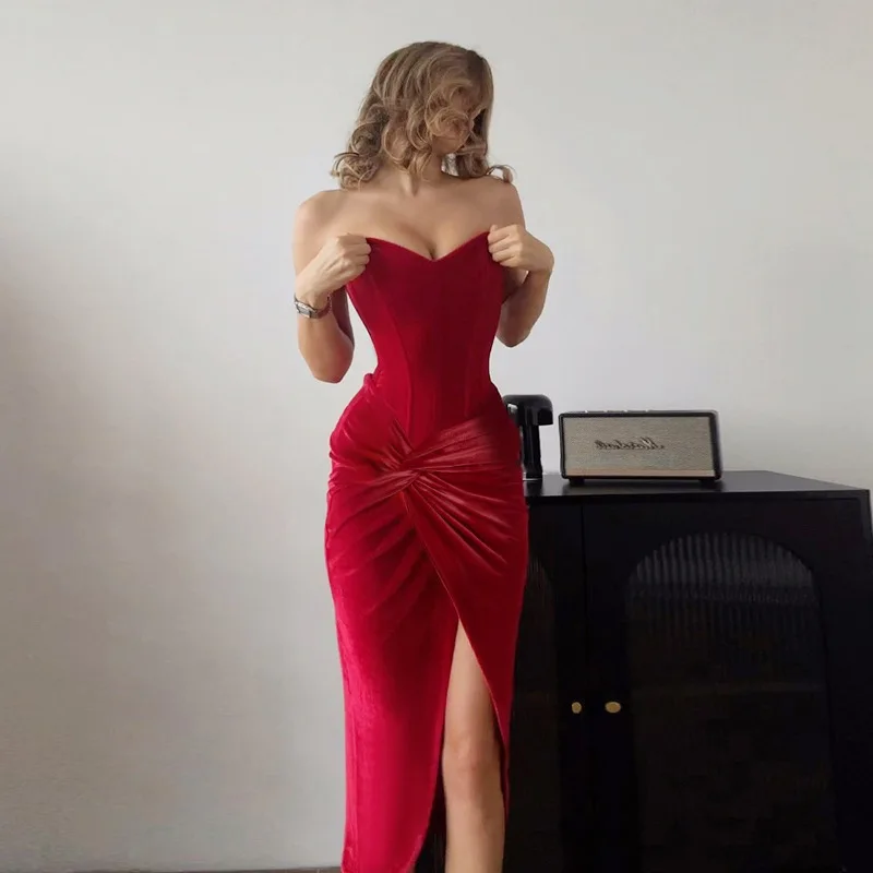 

New Sexy Slim Fit Strapless Fishbone Velvet Dress