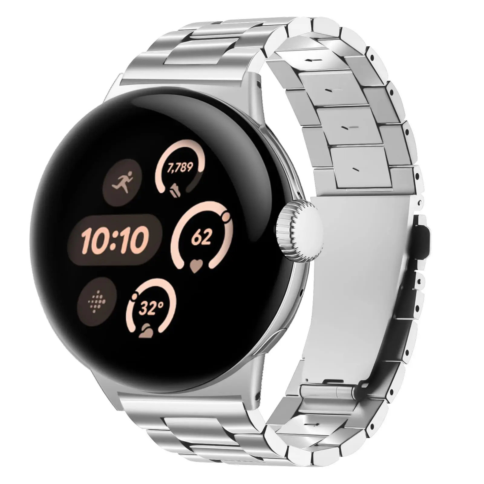 Stainless Steel Watch Strap Suit for Google Pixel Watch 3 45mm Three-bead Strap Stainless Steel Metal Strap