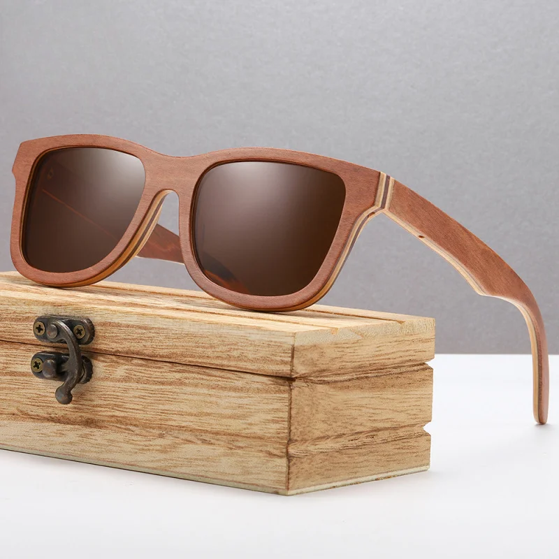 832  Bamboo wood glasses Brown Skateboard Wood Full Rim Frame Anti-Pressure Environmental Protection Polarized Sunglasses