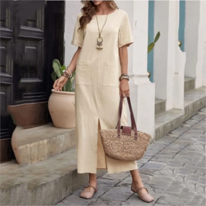 Foreign Style Solid Women's Dress Fashion Split Hem Design Short Sleeved Dresses With Pocket Lady Simple Beach Vacation Vestidos