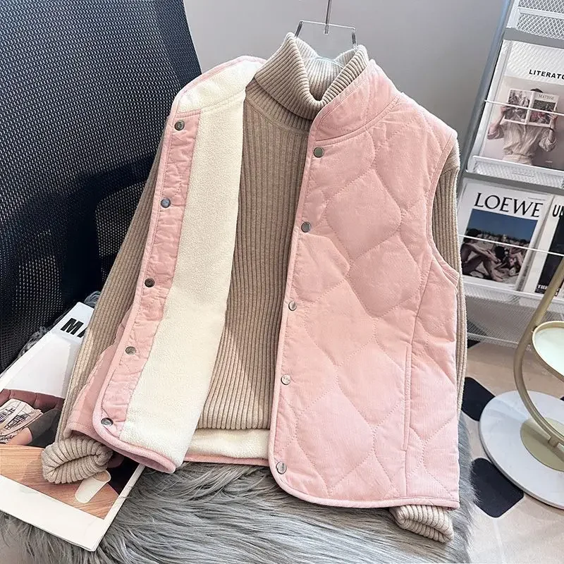 Padded Cotton Vest for Women Quilted Stand Collar Cold Warm Trend 2024 Waistcoat Woman Autumn Elegant Casual Pretty Korean Style