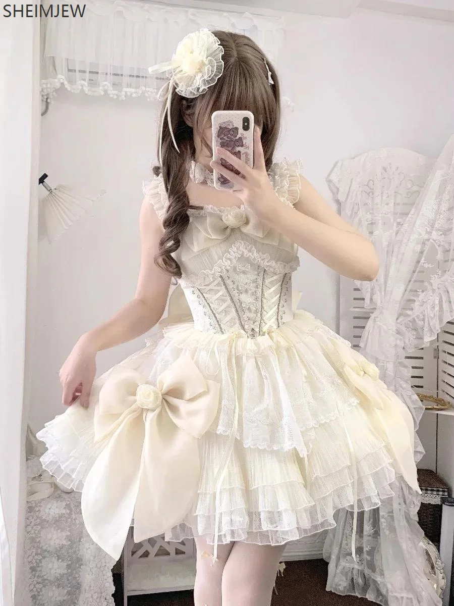 

Japanese Kawaii Lolita Jsk Dress Women Sweet Cute Bow Flower Wedding Party Mini Dresses Gothic Y2k Sleeveless Princess Dress
