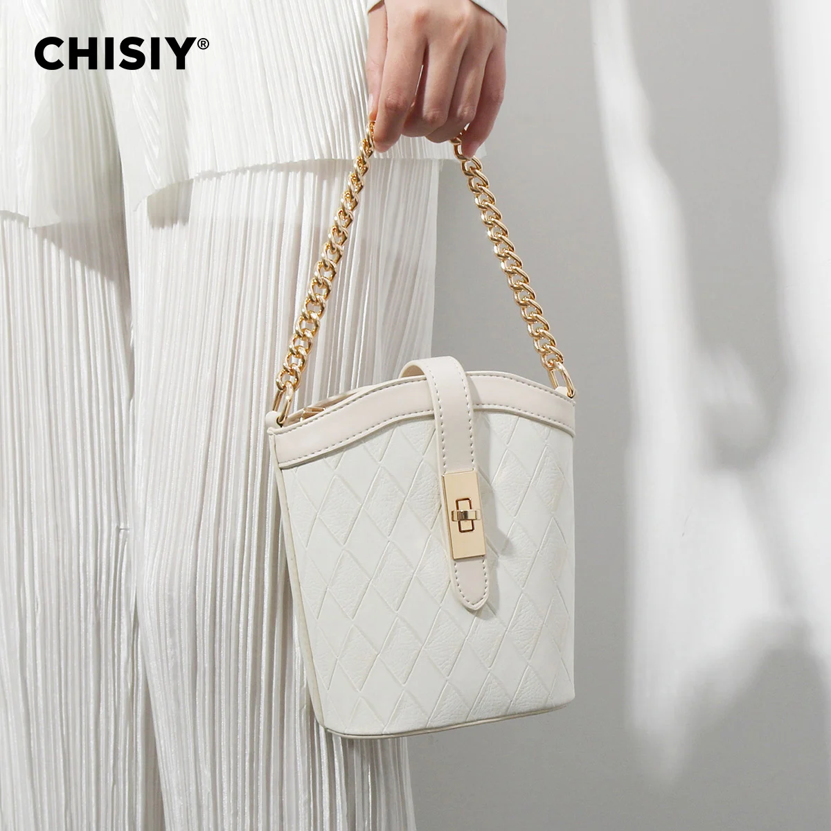 CHISIY Original Handmade Classic Elegant Chain Bucket Bag Texture Commuting Large Capacity Simple Handheld Crossbody Bag