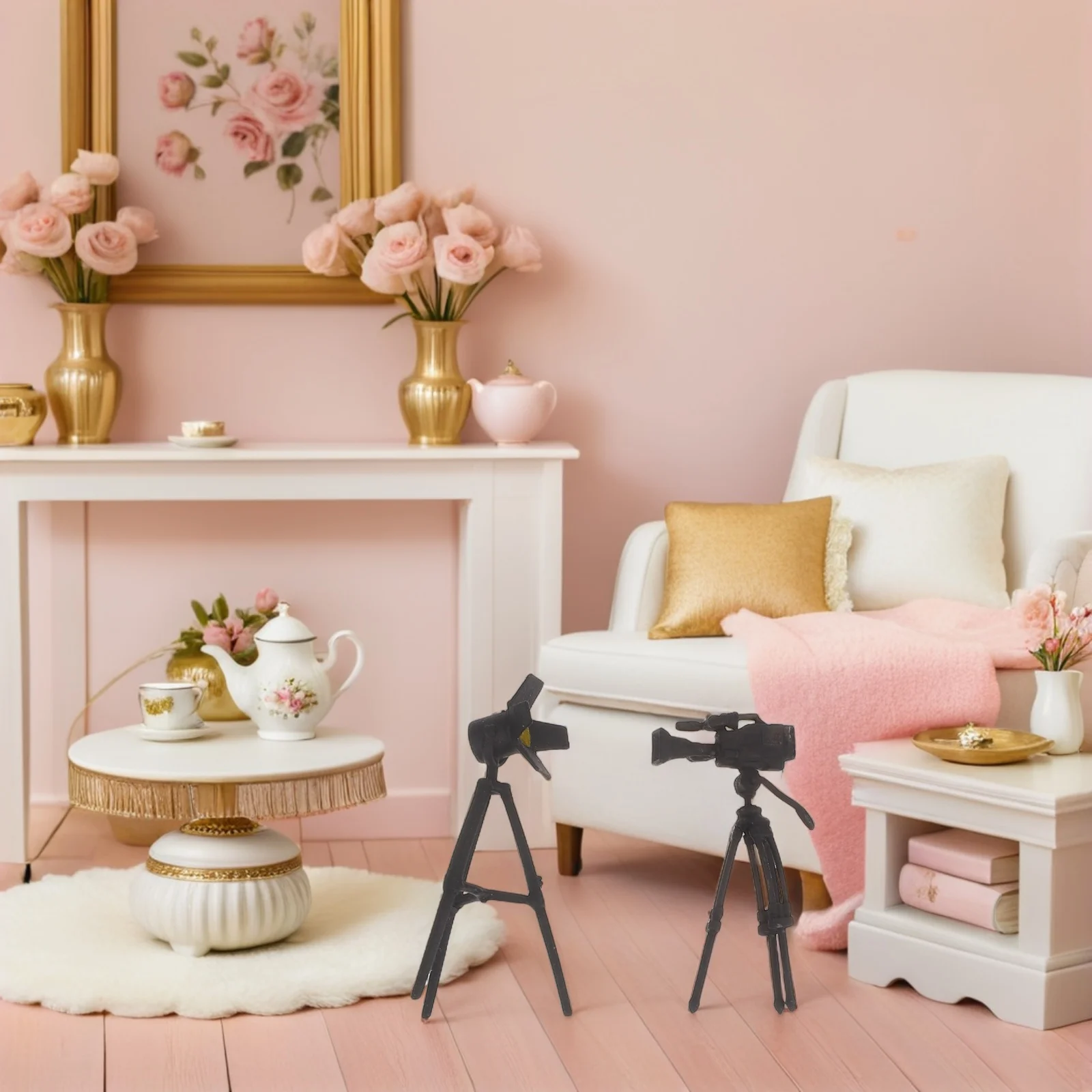 

2Pcs Miniature Photography Accessories Resin Tripod Stand Simulation Lamp for Dollhouse Scene Tabletop Setup Micro Landscape