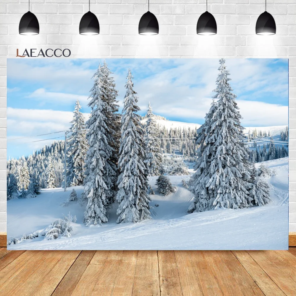 Laeacco Winter Snow Backdrop Wooden House Outdoors Natural Mountains Scene Kid Adult Christmas Portrait Photography Background