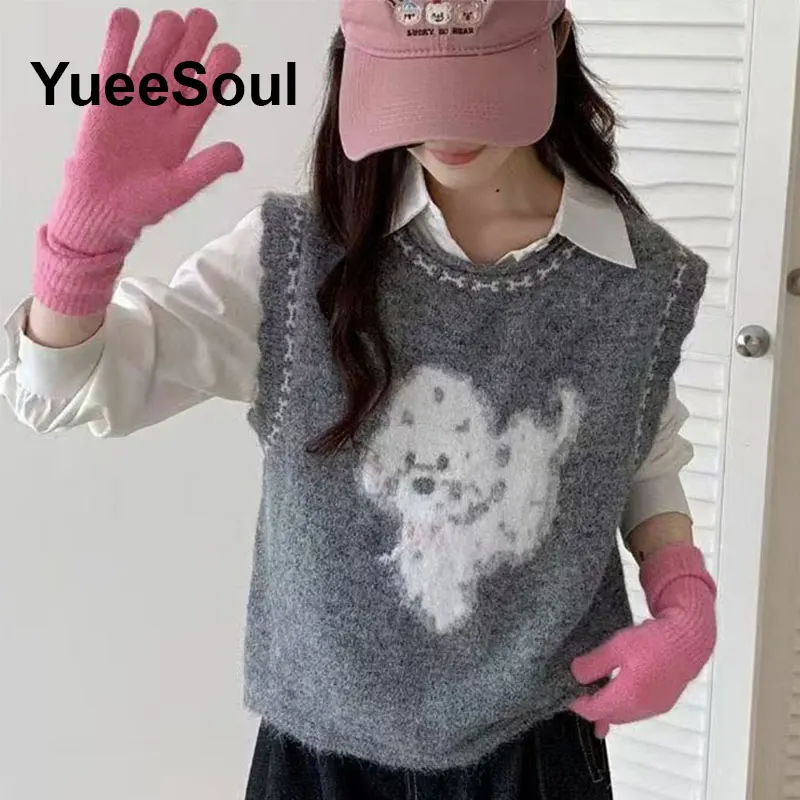 Women's Vests Grey Argyle Printed Pullover Sleeveless Knit Sweater Vest  2025 New Y2K High Street Casual Knitwear Waistcoat