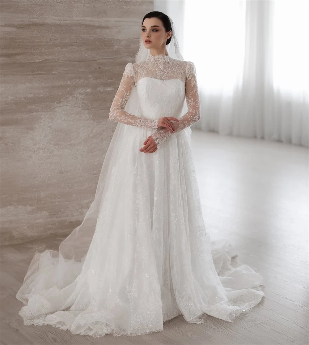 

Customized Elegant White Lace Bridal Gowns Classic O-Neck Long Sleeves Wedding Dress Dreamy A-Line Chapel Train Vestido De Novia