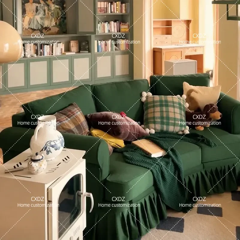 Retro Removable Washable 3 Seater Lazy Sofa Curved Skirt Fabric Couch Green Idyllic Living Room Furniture