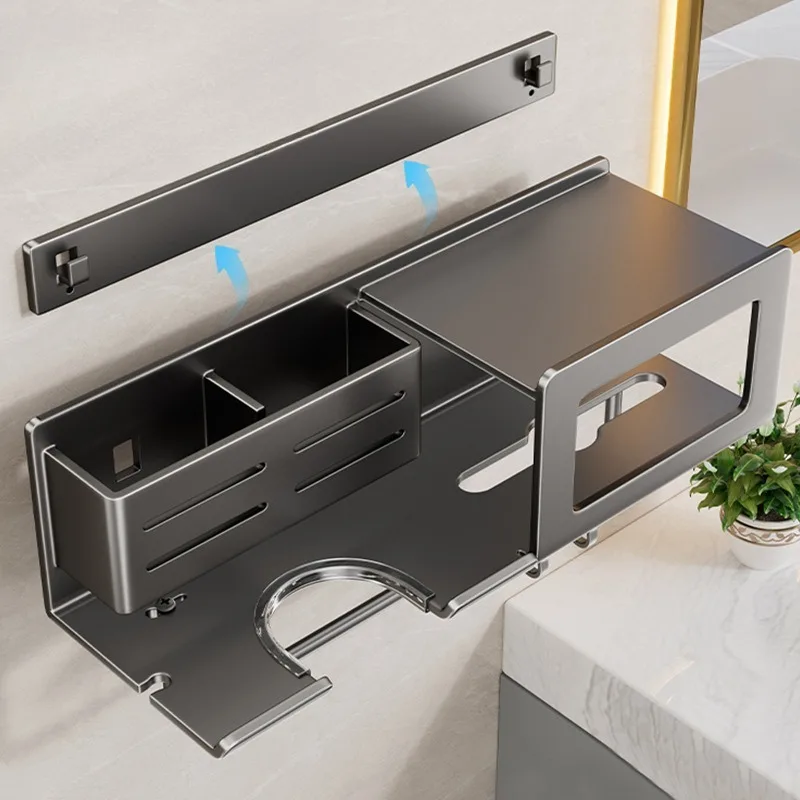 New No-Drill Hair Dryer and Face Towel All-in-One Storage Rack Bathroom Hair Dryer Hanger Bathroom Comb Storage Stand