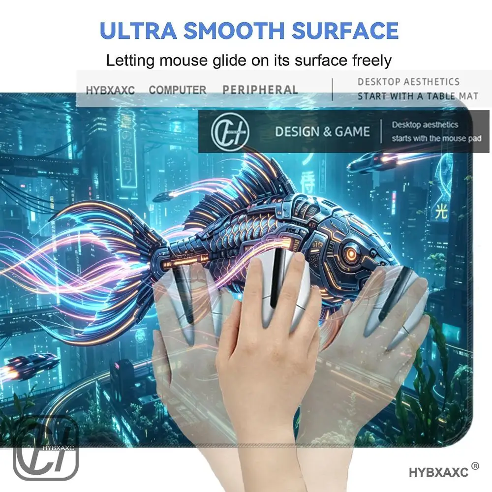 HYBXAXC Cyberpunk Neon Mechanical Fish Mouse Pad Non-Slip Rubber Base Large Desk for Gamers Extended Mousepad for Sci-Fi Fans