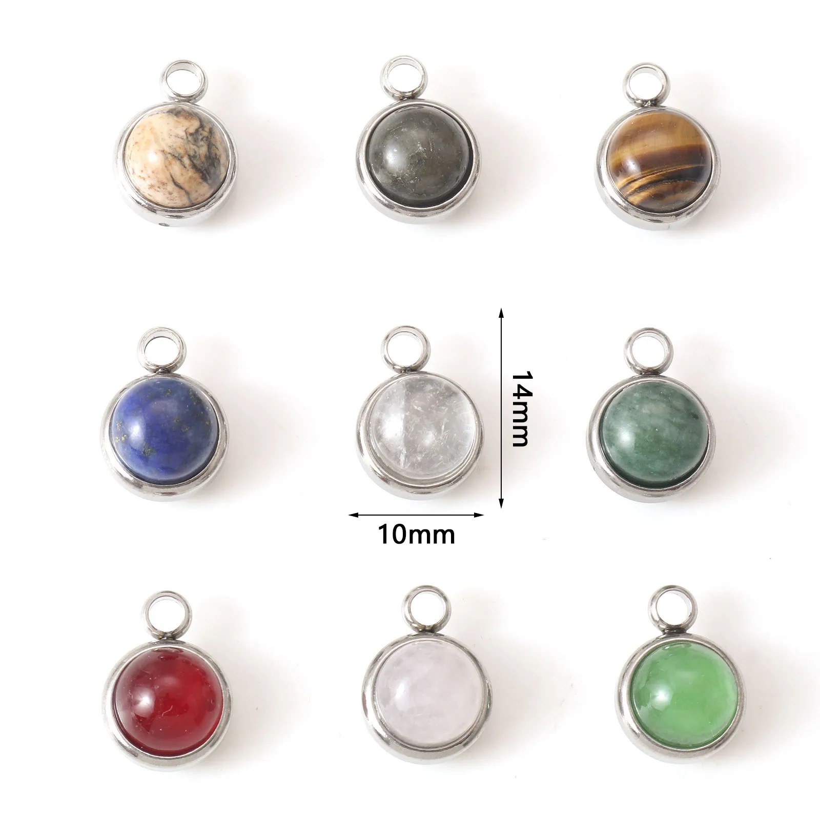 1 PC Natural Stone 304 Stainless Steel Charms Silver Color Multicolor Round Charms Pendants for DIY Earrings Necklace 14mmx10mm