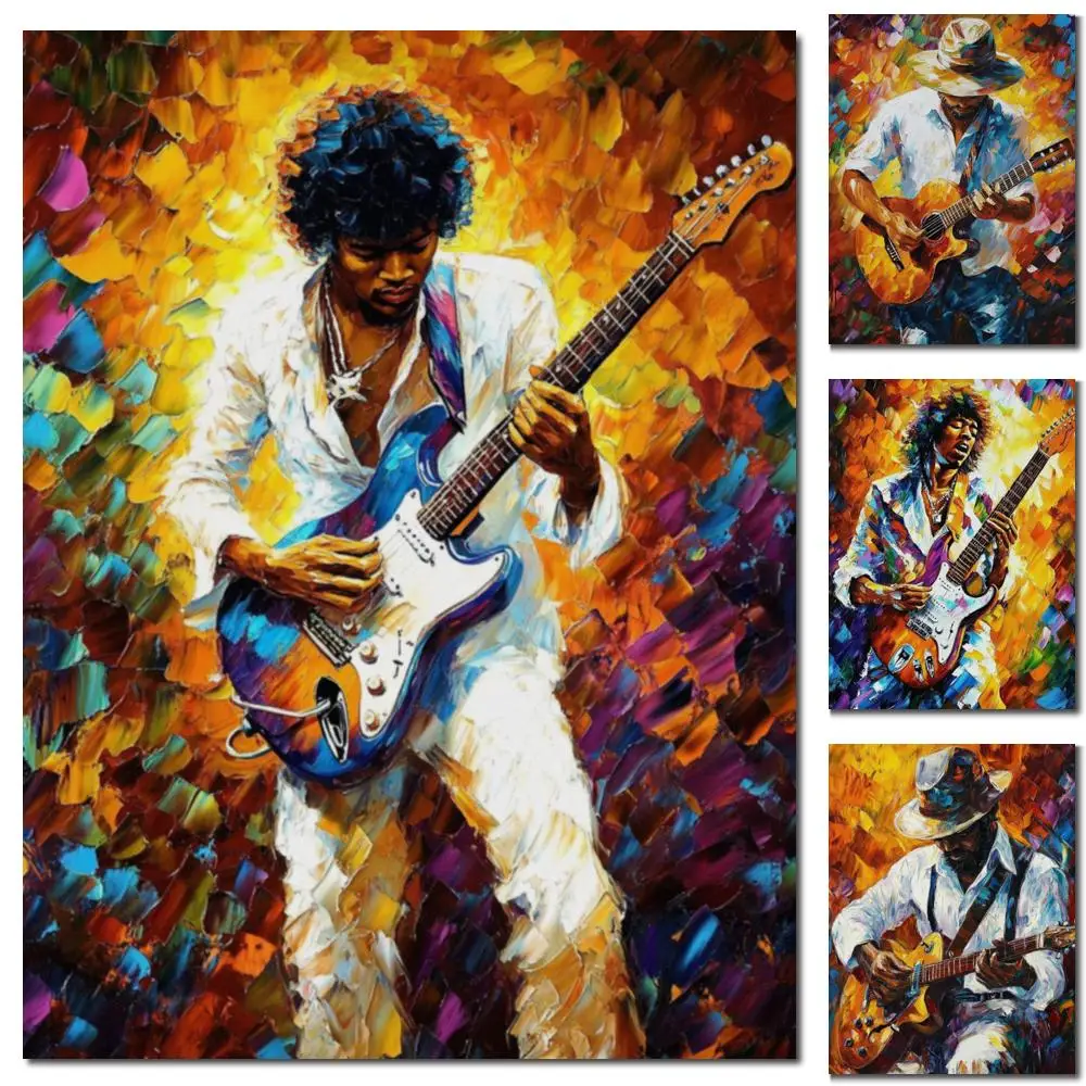 

Textured Canvas Art Portait Oil Painting Handmade Playing Guitar Beautiful Musical Artwork for Cafe Bar Pub Wall Decor Large