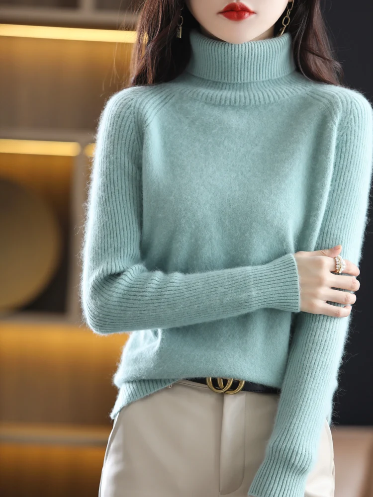 Winter New 100% Mink Cashmere Sweater Women\'s Lapel Knitted Pullover Loose Turtleneck Long Sleeve Tops Thick Large Size Clothing