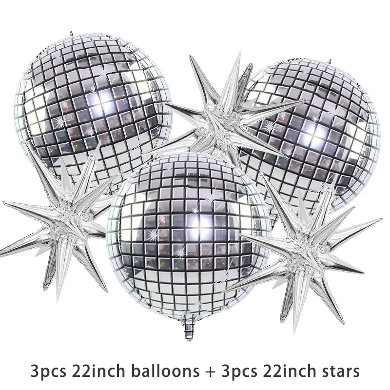 6 Stück 22 Zoll 4D Silber Disco-Kugel Explosions-Sternballon Metallisches Disco-Ballon-Set für Disco-Party Hochzeit Geburtstagsfeier Dekoration – Detail 2
