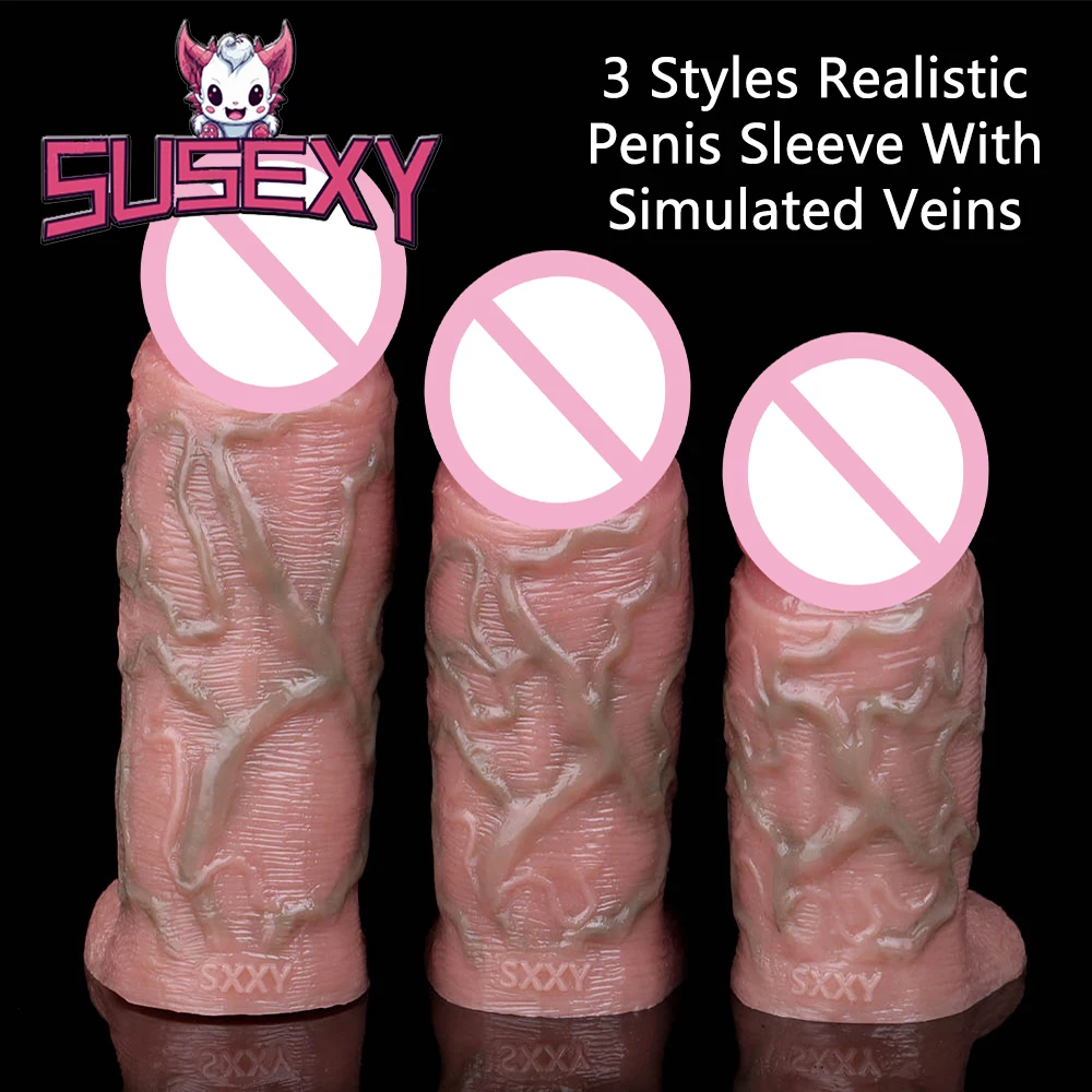 

SUSEXY 3 Styles Realistic Penis Sleeve Delay Ejaculation Penis Extender Reusable Cock Condom With Real Vein Sex Toys for Men