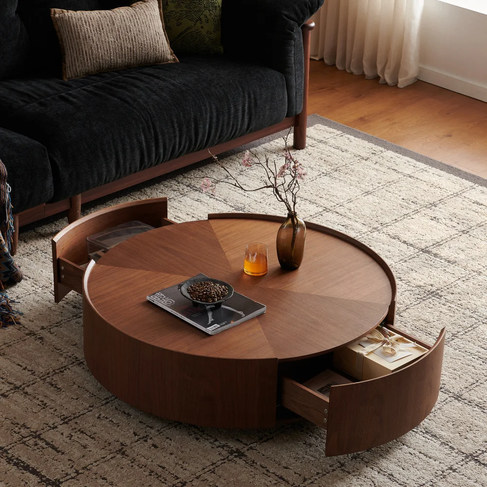 Vintage Round Walnut Wooden Coffee Table, Modern Center Table for Living Room & Office, High-end Tea Table Home Furniture FYCT