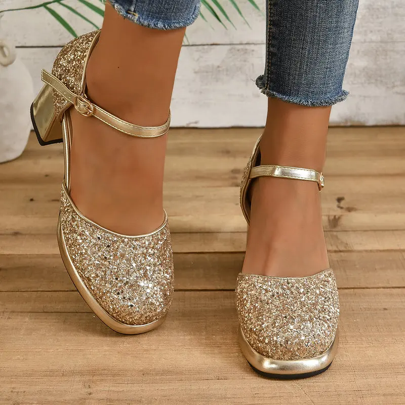 Golden Silver Glitter Bling Shiny Ladies Party Wedding Shoes Summer Mary Janes Square High Heels Big Size 46 47 48 Women Sandals