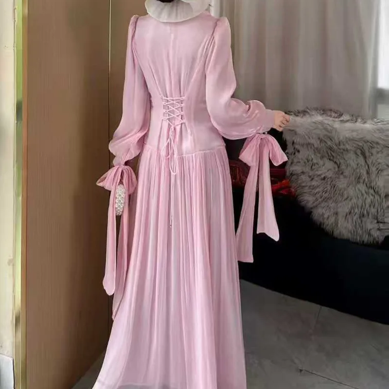 YFPF 우아한 단색 여성 드레스 주름 밴디지 스플라이스 소매 단색 이브닝 파티 롱 드레스 패션 2026 신상