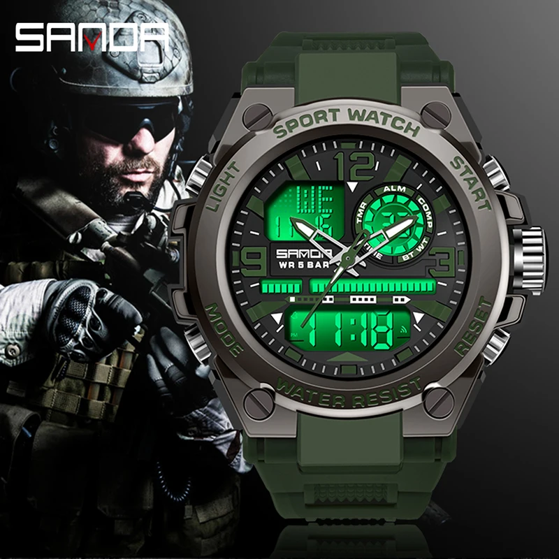 SANDA 6024 Men's Sports Quartz Wristwatch, LED Dual‑Display Electronic Digital Watch, Waterproof Military Shock‑Resistant Clock