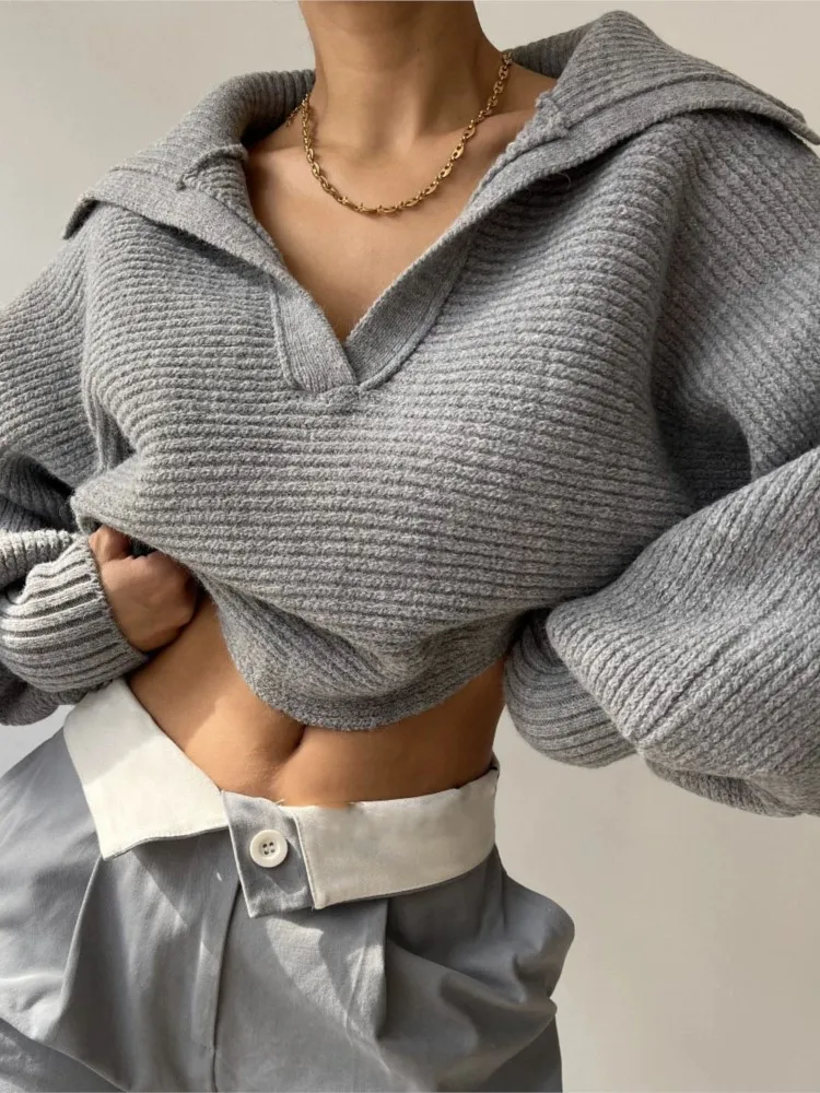 

Casual Solid Sweater Lady Fashion Long Sleeve Turn-down Collar Pullovers Loose Knit Sweaters Tops For Women Streetwear Clothes