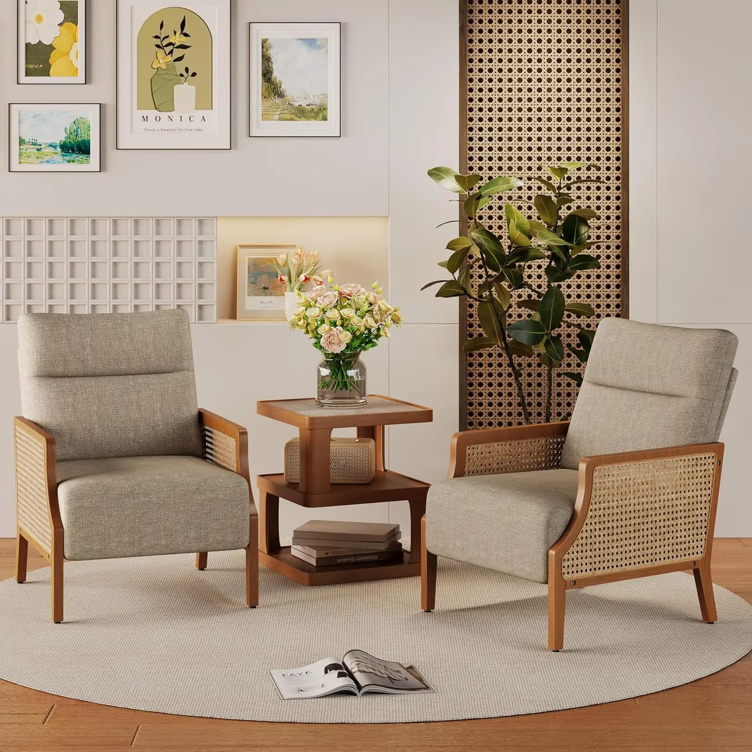 #Mid Century Chair Set of Armrest Upholstered Fabric Reading Lounge Side Living Room Bedroom Balcony Brown