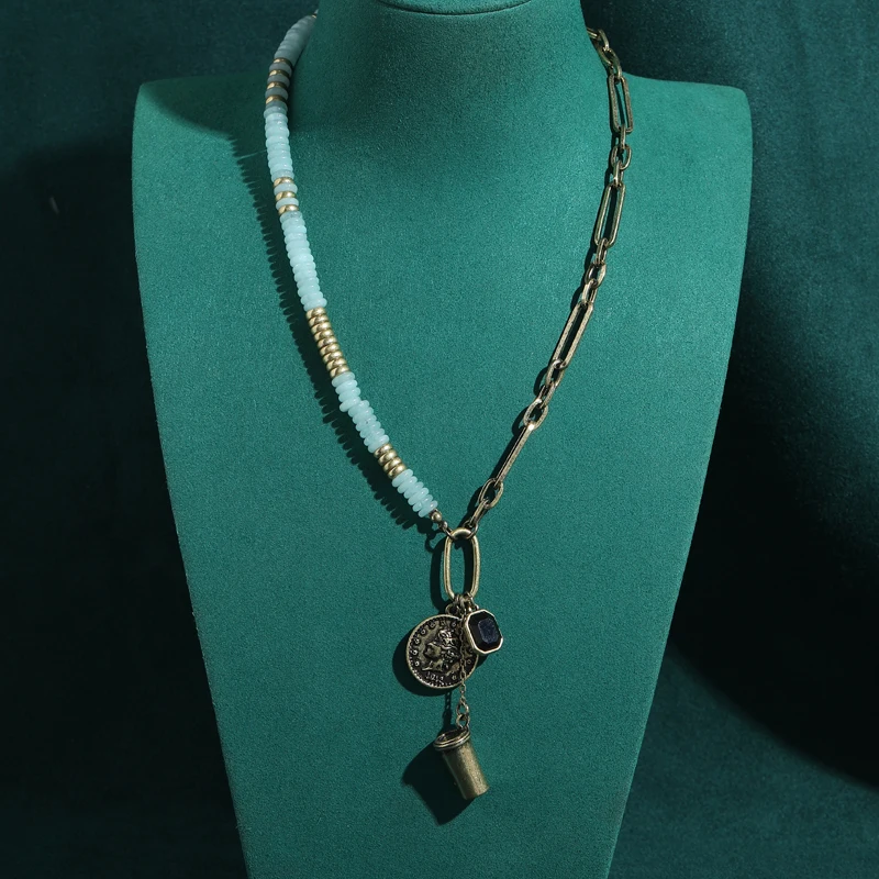 

Vintage Natural Stone Beads Necklace Long Pendent Gold Color Cameo Head Coin Luxury Brand High Women 2026 New Tendency Jewelry