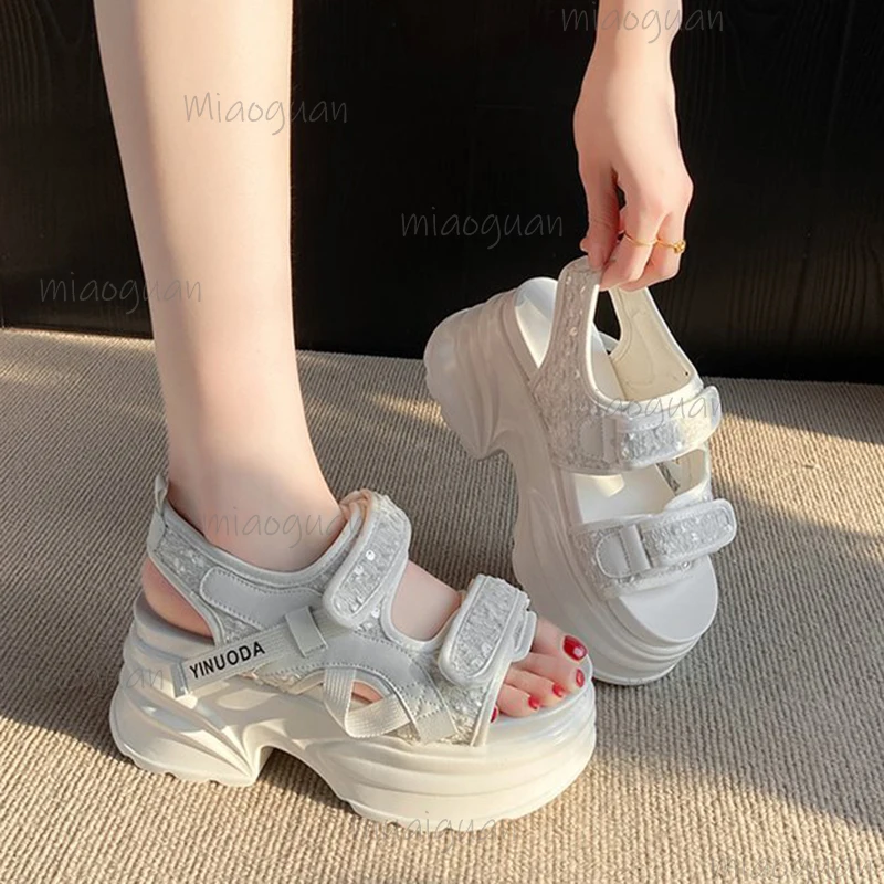 

8CM High Heels Thick Bottom Women Sandals Bling Sports Style Sandales Summer Peep Toe Leisure Shoes Ladies Gladiator Sandalias