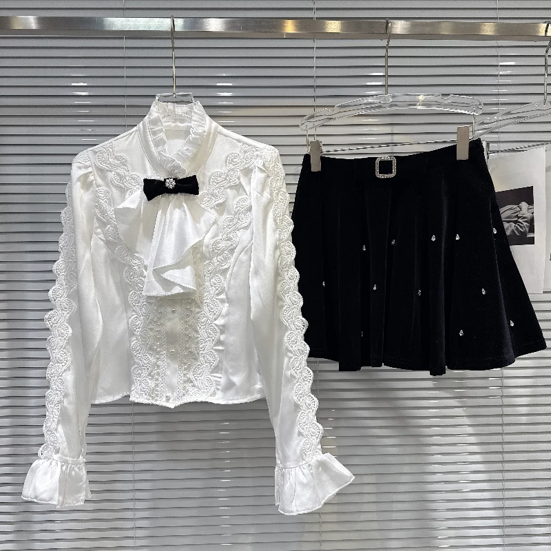 

French Romantic Style Lace Bow Design Sense Elegant Shirt+Diamond Half Skirt Two Piece Set Women 2025 Winter New Commute Set
