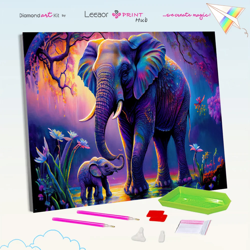 Pintura de diamantes 5d Diy, elefante del bosque de fantasía, mosaico de animales de dibujos animados, Kits de punto de cruz de diamantes de imitación, decoración del hogar