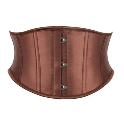 3 Busks Short Style Underbust Corset Satin Brown Wide Belts Waistband Waist Trainer