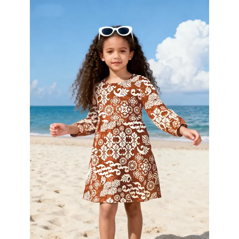 

2025 Girls' long-sleeved floral print dress, casual vacation style
