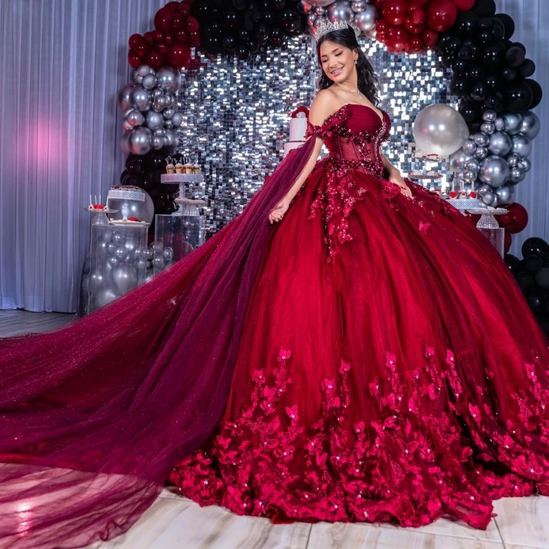 

Красное блестящее платье Quinceanera с открытыми плечами, цветочным бантом и бисером, праздничное платье на день рождения, сладкое платье 16, Vestidos De 15 Anos