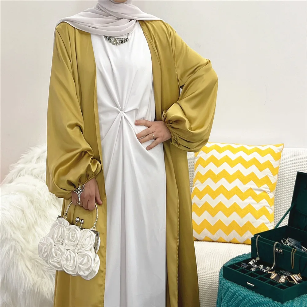 Hot Selling Puff Sleeve Cardigan Robe Elegant Colorful Satin Open Abaya Summer Arab Oman Duabi Moroccan Caftan Muslim Eid Wear