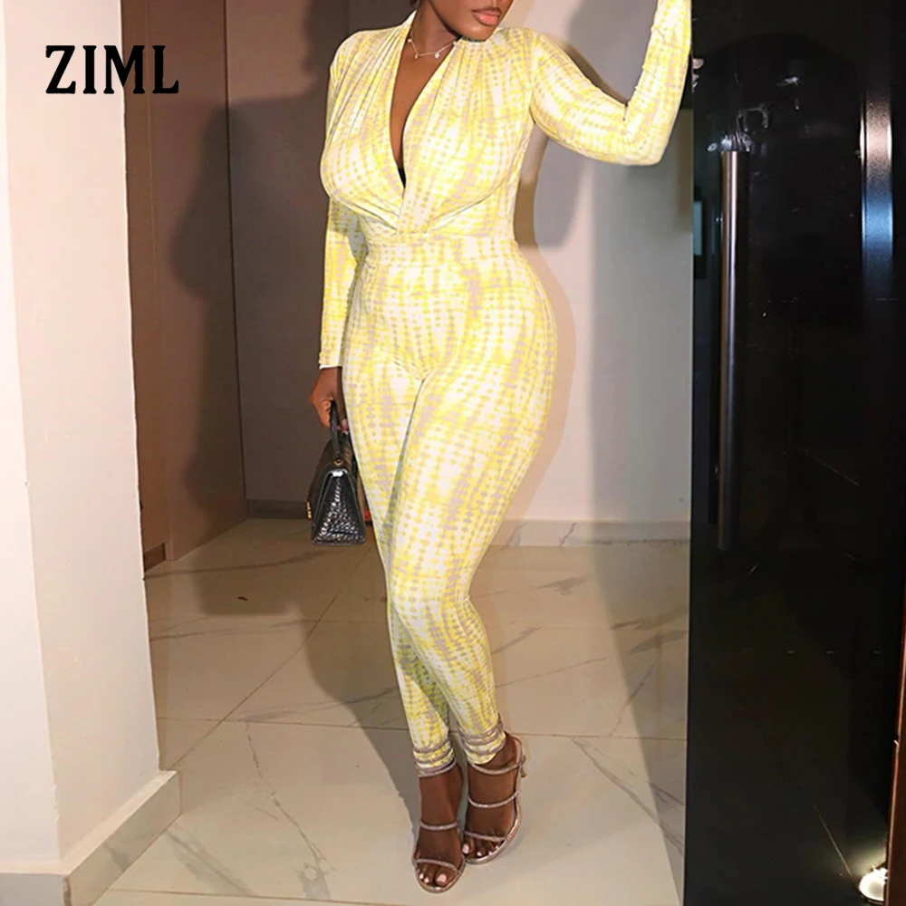 ZIML Hit Color Dot Printing Folds Slimming Elegant Jumpsuit Deep V Neck Long Sleeve Temperament Jumpsuis Female Fashion Style