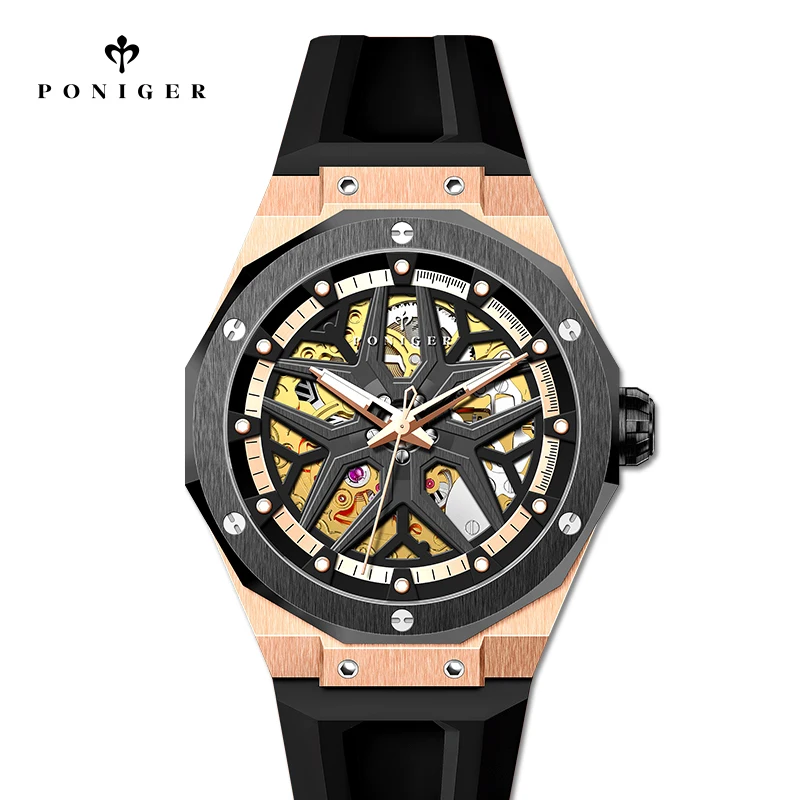 

Switzerland Luxury Brand PONIGER Automatic Mechanical Men's Watches 50M Waterproof Dual Skeleton Luminous Sapphire Clock P618