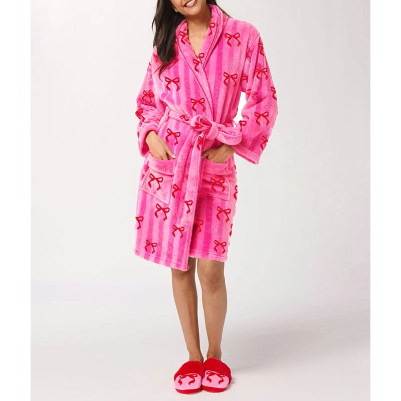 

Женский нечеткий флисовый фланелевой домашний халат с милым бантом и сердечком, клетчатый шаль с воротником, поясом, плюшевый мягкий халат с карманами