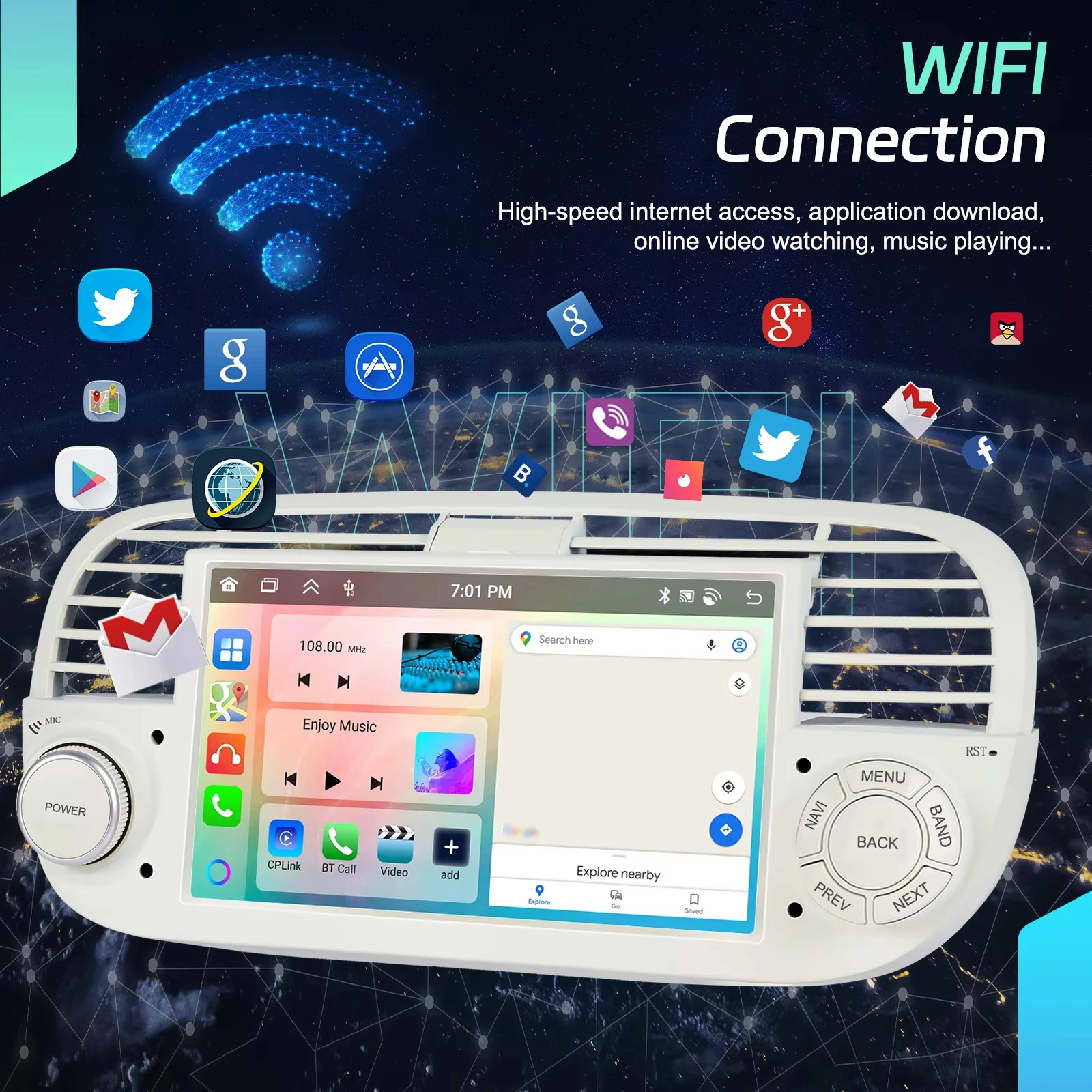 Radio para coche Podofo de 7 pulgadas con CarPlay Android para Fiat 500 2007-2015, sistema inteligente para coche, receptor estéreo GPS 2din, FM RDS, autorradio, unidad principal para salpicadero, navegación, reproductor multimedia para coche 5
