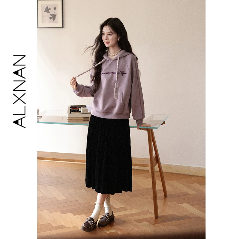 ALXNAN Women's Purple Hooded Sweatshirt Embroidered Loose Drawstring Lazy Casual Outerwear Autumn New Female Clothing L58038