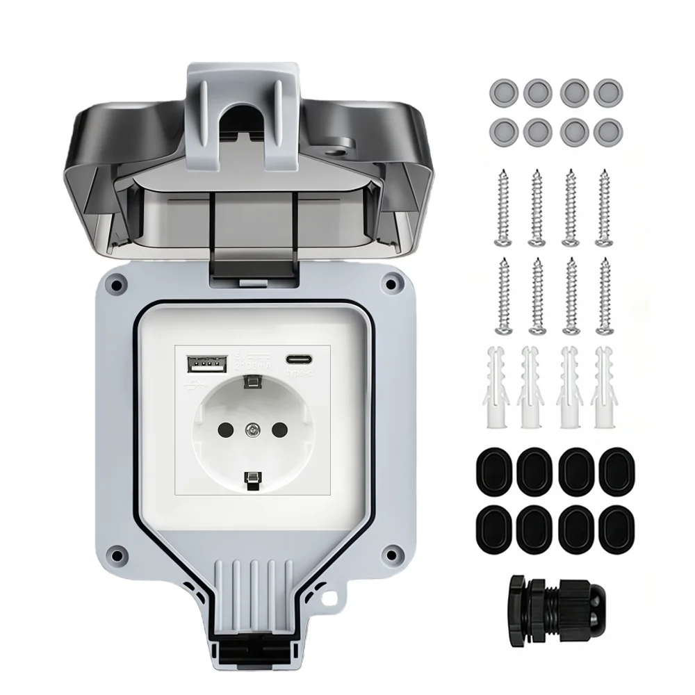 Waterproof Outdoor Socket,Double Power Outlet with Protective Cover ,Dustproof Windproof Socket,Wall-Mounted Garden Power Outlet image 3