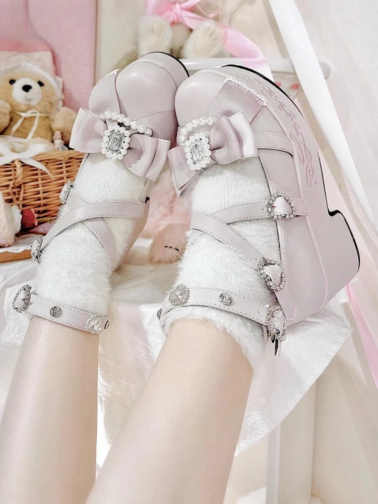 

Japanese Sweet Versatile Platform Shoes Gothic Rhinestone Platform Heels Original Mass-Produced Bowknot Beaded Thick-Soled Shoes