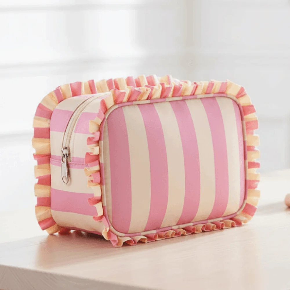 Ruffle Decoration Striped Cosmetic Bag Colorful Oxford Striped Makeup Organizer Zip Top Portable Women's Makeup Case