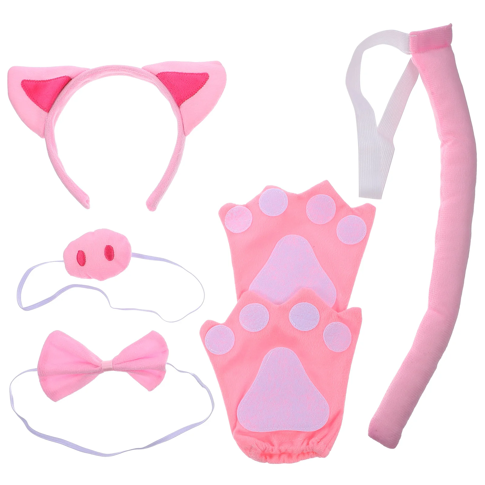 ชุดอุปกรณ์แต่งกายคอสเพลย์สัตว์หมู 1 ชุด ประกอบด้วยที่คาดผมหูหมู หาง โบว์ผูกผม ถุงมือ จมูก สำหรับงานปาร์ตี้ฮาโลวีน อุปกรณ์ประกอบฉากตกแต่ง