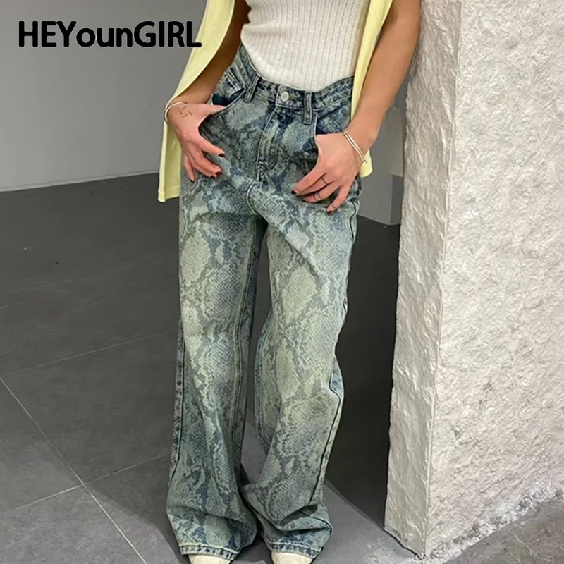 

HEYounGIRL Fashion Women Serpentine Print Baggy Jeans High Street Y2K Casual Straight Pants Harajuku Grunge Denim Trousers Retro