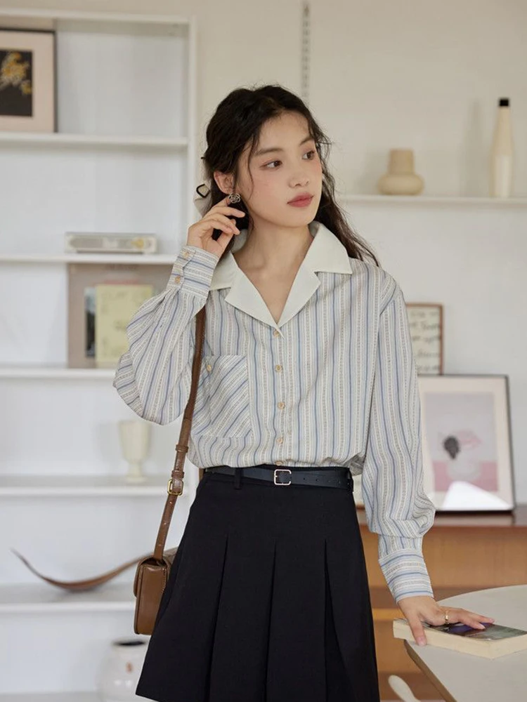 Japanese Striped Fall Shirt Vintage Pure Cotton Women Simple Casual Blouse Office Lady Loose Notched Collar Long Sleeve Tops