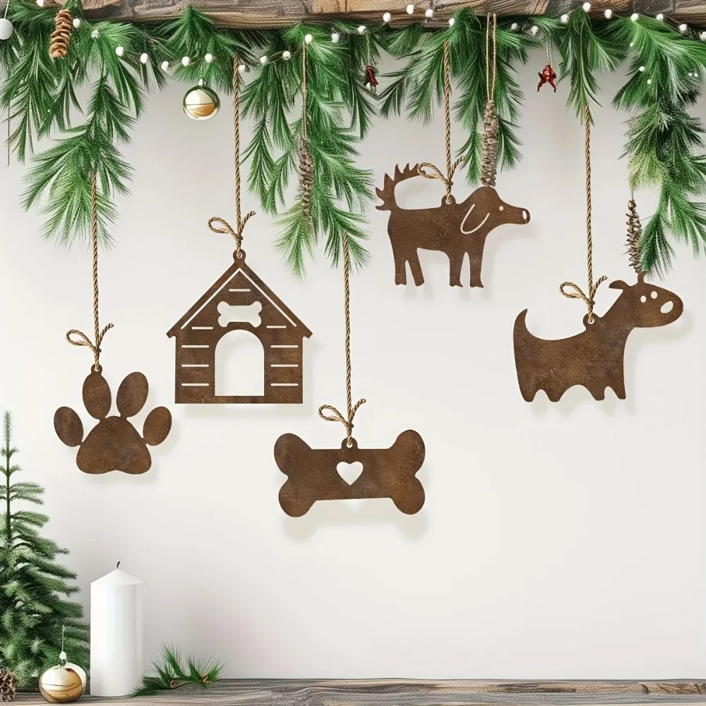 CIFBUY Rustic Metal Dog House Wall Art Bone Ornament Set Paw Print Sculpture Durable Iron Hanging Decor Indoor Outdoor Gift