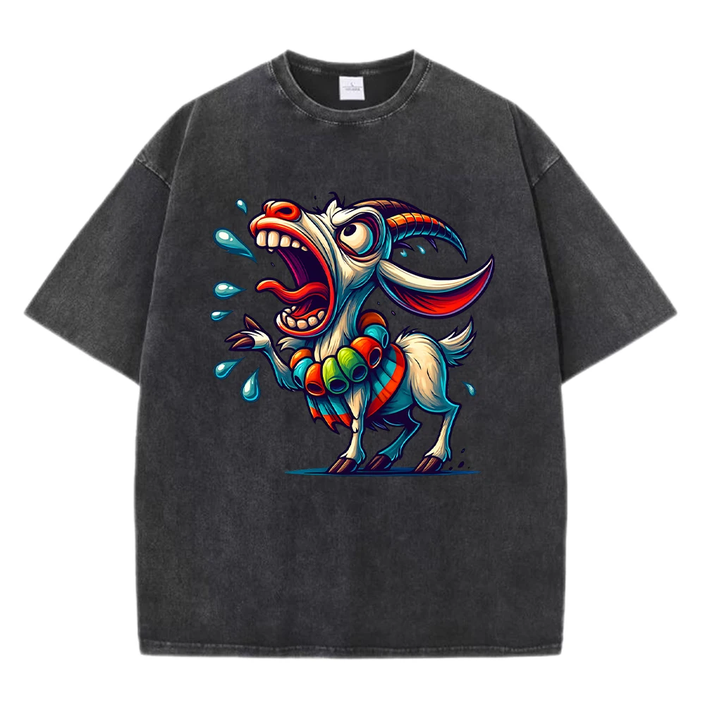 

Roaring Goats Cartoon Printed Men Washed T-Shirts Casual Trendy Tops Cotton O-Neck Soft Short Sleeve Summer Male T Shirt