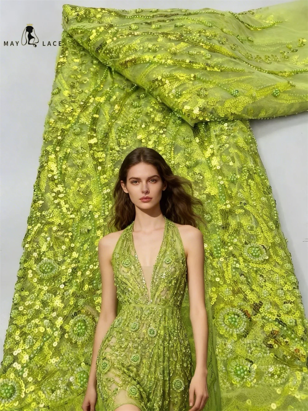 

Green African Mesh Lace Fabric With Sequins 2026 High Quality French Beaded Tulle Lace Fabric for Women Dresses Material Sewing