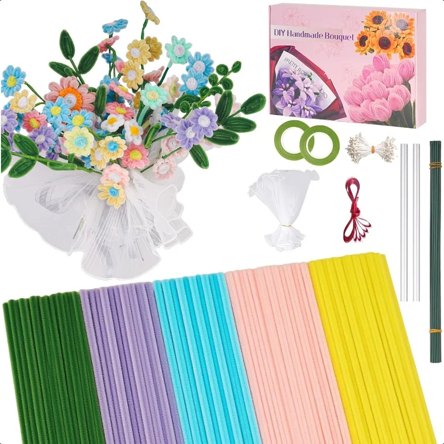 

500 PCS Pipe Cleaners Craft Kit for Flower Making Daisy DIY Material Bundle with 20 Stems 100 Stamens Ribbon Tulle Glue Sticks