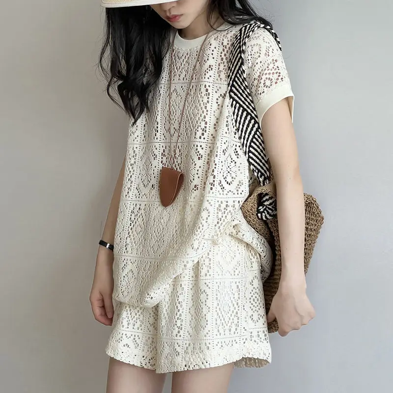 Summer Casual Chic Hollow Out Top and Shorts Set